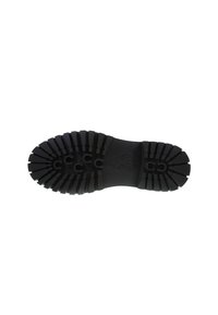Suela de zapato de goma negra con surcos y profundas ranuras. Presenta un logo en relieve en el centro y una forma plana y robusta para un mejor agarre.