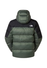 Puffig grön jacka med en svart övre del, huva och horisontell quiltad design. Har en logotyp på axeln bak.