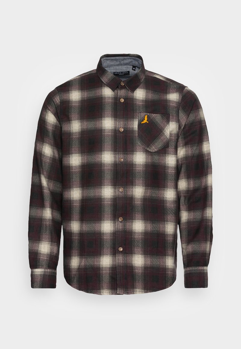 Koszula flanelowa w ciemnym bordowym i kremowym kratę. Posiada kieszeń na piersi z żółtym akcentem oraz brązowe guziki. Długie rękawy.