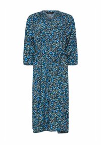 Vestido floral con fondo azul oscuro, que presenta varias flores azules y verdes, mangas largas, cierre de botones en la parte delantera y detalle de cintura anudada.