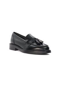 Black leather loafers featuring a rounded toe, decorative tassel accents, and a low block heel. Smooth texture with subtle stitching details.