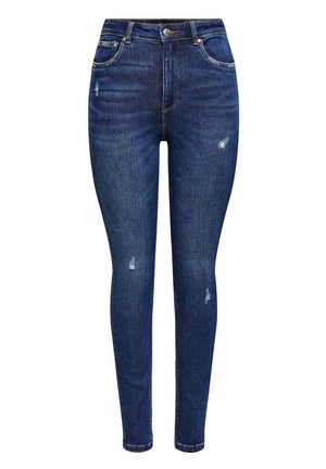Dark blue skinny jeans with a faded texture, featuring ripped accents and traditional styling, including front pockets and a button closure.