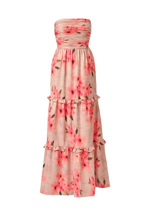 Trägerloses, gestuftes Maxikleid mit pinkem und rotem Blumenprint auf hellbeigem Stoff, mit Rüschen entlang der Stufen.