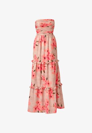 Sukienka maxi bez ramiączek, warstwowa, z różowym i czerwonym kwiatowym wzorem na jasnobeżowej tkaninie, z falbankami na warstwach.