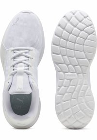 White athletic shoes with mesh upper, rounded toe, lace closure, padded collar, and textured rubber sole featuring a geometric pattern.