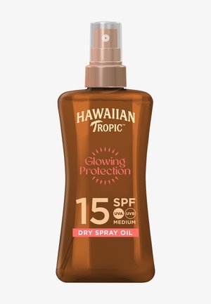 Hawaiian Tropic Glowing Protection droge sprayolie met SPF 15, middelmatige UVA- en UVB-bescherming in een bruine sprayfles.
