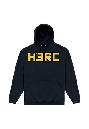 Sort hættetrøje med front-kængurulomme og gul stiliseret "H3RC" tekst over brystet, med snøretræks-hætte.