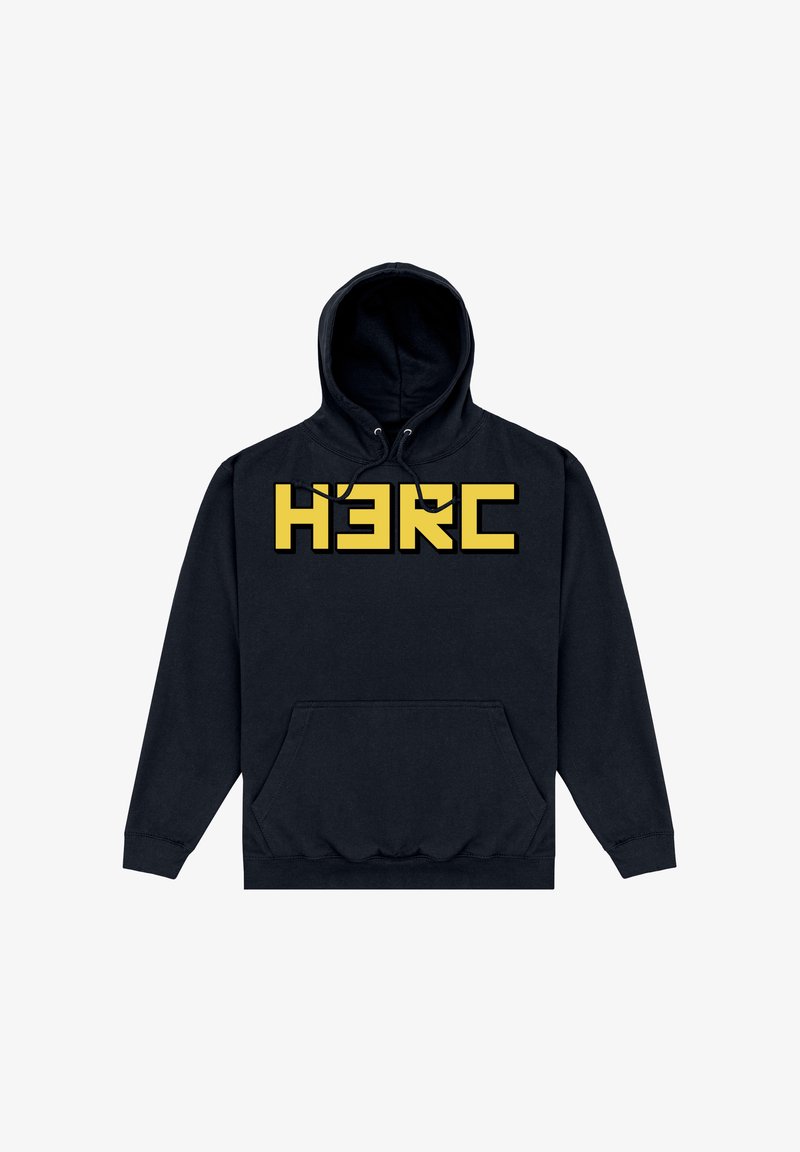Sweat à capuche noir avec poche kangourou à l'avant et texte stylisé jaune "H3RC" sur la poitrine, avec capuche à cordon.