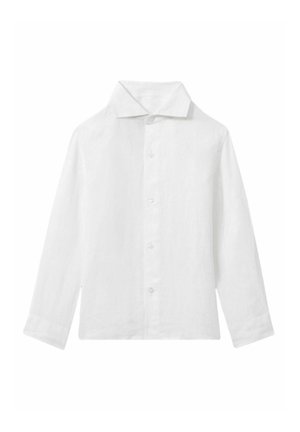 Chemise blanche à manches longues avec col pointu, boutons sur le devant et ourlet droit, présentée sur fond uni.