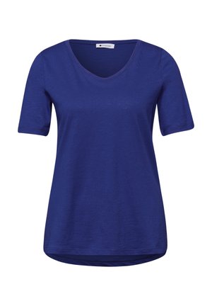 T-shirt bleu pour femme à manches courtes, col en V, avec un ourlet légèrement arrondi et une étiquette à l'intérieur du col au dos.