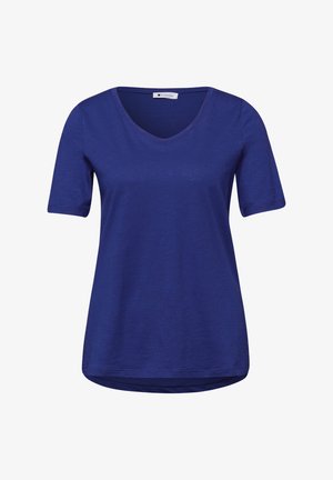 T-shirt bleu pour femme à manches courtes, col en V, avec un ourlet légèrement arrondi et une étiquette à l'intérieur du col au dos.