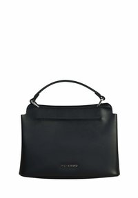 Sac à main en cuir noir au design structuré, doté d'une petite poignée, d'une texture lisse et d'un accent doré sur le devant.