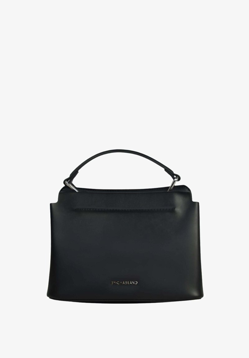 Sac à main en cuir noir au design structuré, doté d'une petite poignée, d'une texture lisse et d'un accent doré sur le devant.