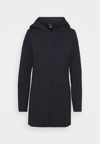 Cappotto a cappuccio blu navy con chiusura frontale a zip, maniche lunghe e tasche laterali. Realizzato in un tessuto liscio e resistente.