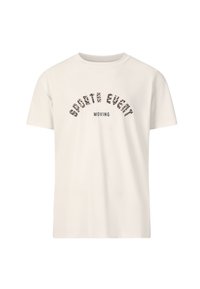 Hvid bomulds t-shirt med rund halsudskæring, korte ærmer og et trykt design, der står "SPORT EVENT MOVING" i sort med leopardmønstrede accenter.
