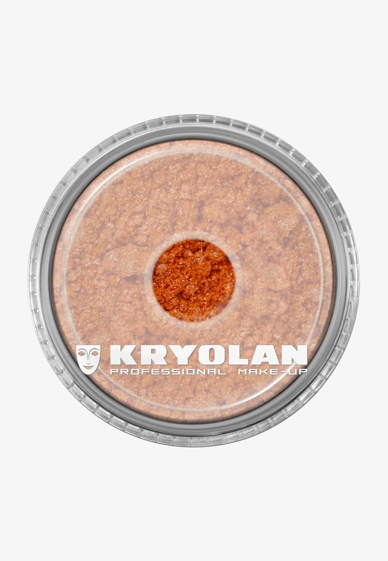 Loose orange-brown powder makeup in clear round container with Kryolan Professional Make-Up logo on lid.