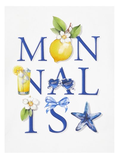 Τα γράμματα «Montalisi» διακοσμημένα με ένα λεμόνι, παγωμένη λεμονάδα, γυαλιά ηλίου σε σχήμα καρδιάς, λευκά λουλούδια, ένα μπλε φιόγκο και ένα μπλε αστερία της θάλασσας.