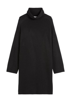 Czarna sukienka z golfem wykonana z dzianiny, z długimi rękawami i luźnym krojem. Prosty design z zagiętym kołnierzem, bez wzorów i akcentów.