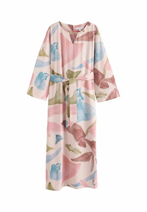 Pikk, lahtise lõikega kleit kergest kangast. Ilma värvide seguga roosat, sinist, rohelist ja pruunikat abstraktset lillemustrit ning vööga vöökoht.