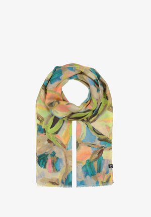 Lichtgewicht sjaal met een levendig abstract patroon in blauw, groen en perzik. De randen zijn afgewerkt met een delicate franjes.