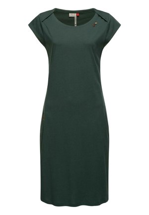 Robe vert foncé à manches courtes, longueur genou, col rond avec de petits boutons décoratifs près du col sur le côté gauche.