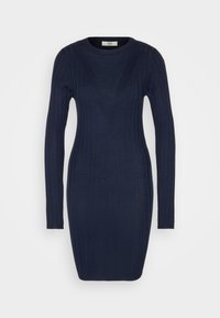 Robe en tricot côtelé marine à manches longues, silhouette ajustée, col rond et texture subtile sur l'ensemble. Marquée d'une étiquette de marque à l'intérieur.