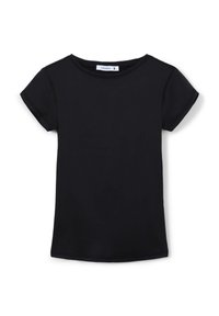 T-shirt nera a maniche corte realizzata in tessuto morbido, con colletto rotondo e maniche arrotolate; taglio dritto senza fantasie o accenti.