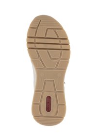 Gummiaußensohle in Tan mit strukturierten Grip-Mustern, strategisch geformt für besseren Halt. Mit Logo-Platzierung und geformtem Design für Stabilität.