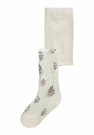 Deux chaussettes hautes couleur crème, une unie et une avec un petit motif floral dans des tons doux rose et vert.