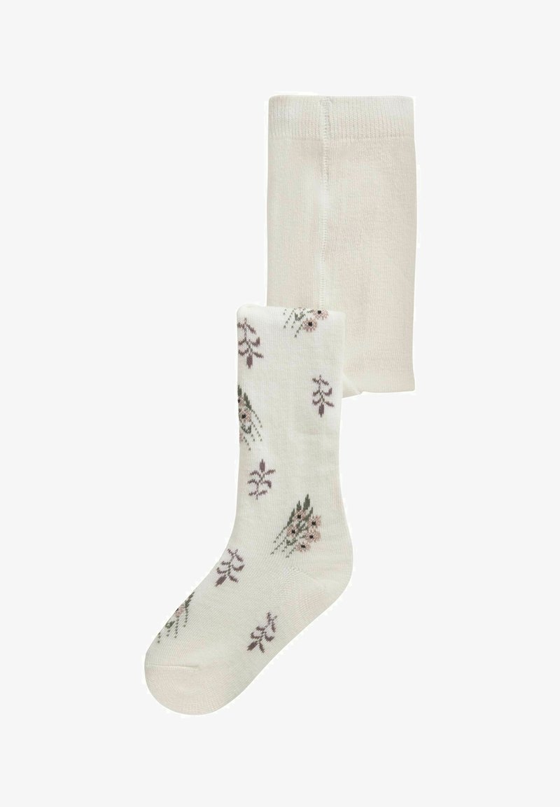 Deux chaussettes hautes couleur crème, une unie et une avec un petit motif floral dans des tons doux rose et vert.