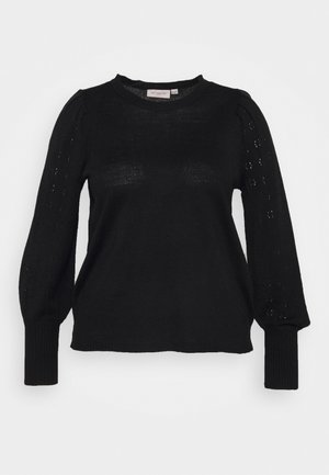 Maglione nero a maniche lunghe con colletto rotondo, caratterizzato da maniche a sbuffo testurizzate e intricati modelli a maglia sulle maniche superiori. Design morbido e aderente.