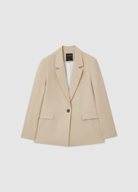 Blazer beige con chiusura frontale a bottone singolo, colletto con scalfatura, due tasche frontali e tessuto dalla texture liscia.