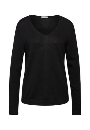 Pull noir à manches longues avec un col en V, fabriqué en tricot doux. Présente des poignets côtelés et une coupe décontractée.