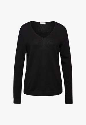 Pull noir à manches longues avec un col en V, fabriqué en tricot doux. Présente des poignets côtelés et une coupe décontractée.