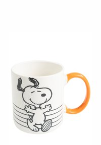 Ceramic mug with a white body, orange handle, and black cartoon of a dog. Features horizontal line accents beneath the image.