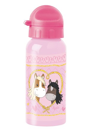 Plastic water bottle with a pink cap. Features two cartoon horses in a heart shape, set against a light pink background with gold accents.