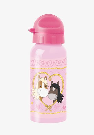 Plastic water bottle with a pink cap. Features two cartoon horses in a heart shape, set against a light pink background with gold accents.
