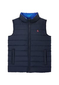 Gilet imbottito blu navy con colletto alto, zip frontale e due tasche laterali. Fodera interna con un motivo colorato. Logo rosso sul petto.