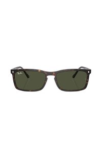 Occhiali da sole Ray-Ban con montatura tartarugata, forma rettangolare, lenti verdi e dettagli del logo argentati sul davanti.