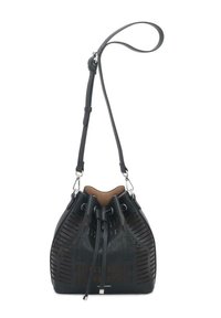 Borsa a secchiello in pelle nera con design perforato, interno color tan, tracolla regolabile, finiture in argento e chiusura a coulisse a contrasto.