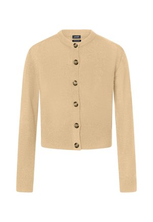 Cardigan beige a maniche lunghe con bottoni, scollo rotondo e sei grandi bottoni scuri, realizzato in puro cashmere.