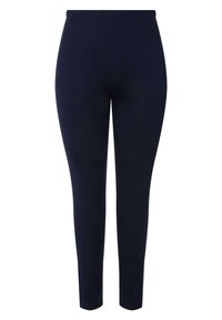 Leggings blu navy con una texture liscia e una vita elastica, caratterizzati da un design aderente e una forma a gamba affusolata, senza dettagli aggiuntivi.