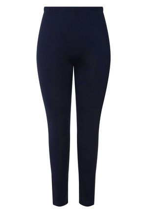 Marineblaue Leggings mit einer glatten Textur und elastischem Bund, im figurbetonten Design und mit zulaufendem Beinschnitt, ohne zusätzliche Details.