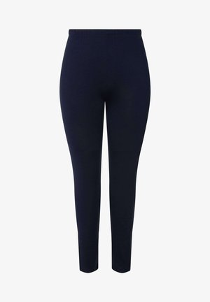 Marineblauwe leggings met een gladde textuur en elastische tailleband, met een strak ontwerp en taps toelopende pijpen, zonder extra details.