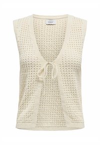 Knit sleeveless top in cream with a V-neck, featuring a drawstring tie at the front and an open weave design amidst solid panels.