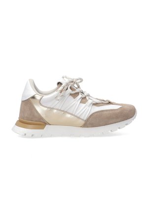 Sneaker with white faux leather, beige suede, and gold accents. Features lace-up design, textured upper, and white rubber outsole.