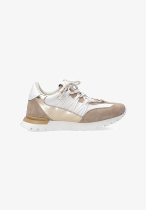 Sneaker with white faux leather, beige suede, and gold accents. Features lace-up design, textured upper, and white rubber outsole.