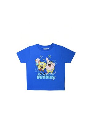Blue children's t-shirt featuring SpongeBob SquarePants and Patrick Star smiling with bubbles and "Bikini Bottom Buddies" text.