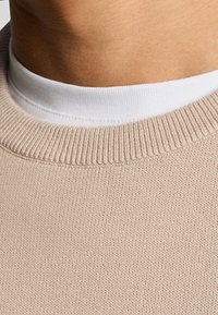 Beige knitted sweater with a round neckline, featuring a ribbed texture and a layered white collar underneath. Sleek, minimal design.