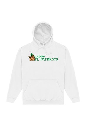 Sweat à capuche blanc avec texte vert "Joyeuse Saint-Patrick" et un petit chérubin portant un chapeau de leprechaun vert à côté du texte.